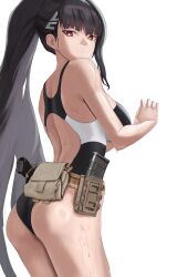 1girl absurdres anguribonban ass back bare_shoulders belt black_hair blue_archive breasts competition_swimsuit gun hair_ornament hairclip handgun highres holster long_hair looking_at_viewer magazine_(weapon) one-piece_swimsuit ponytail red_eyes rio_(blue_archive) simple_background solo swimsuit very_long_hair weapon wet white_background