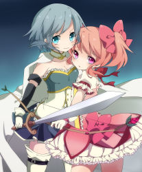 Rule 34 | 10s, 2girls, blue eyes, blue hair, bow, bow (weapon), glaring, gloves, height difference, kaname madoka, looking at viewer, looking back, mahou shoujo madoka magica, mahou shoujo madoka magica (anime), miki sayaka, multiple girls, pink eyes, pink hair, sword, thighhighs, toma tokage, weapon