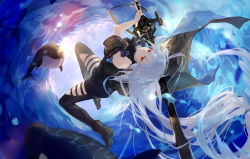 Rule 34 | 1girl, absurdres, action, arknights, arm garter, black cloak, black footwear, black pants, black shirt, boots, chinese commentary, cloak, closed mouth, clothing cutout, expressionless, eyelashes, full body, haixianbai, highres, holding, holding sword, holding weapon, long hair, looking at viewer, orca, pants, red eyes, shirt, silver hair, skadi (arknights), skadi (elite ii) (arknights), solo, sun, sunlight, sword, thigh cutout, thigh strap, upside-down, very long hair, water, water drop, waves, weapon