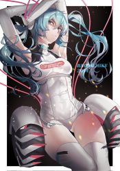 Rule 34 | 1girl, blue eyes, blue hair, breasts, cable, commentary, elbow gloves, english commentary, frown, gloves, goodsmile racing, hanny (uirusu chan), hatsune miku, highres, leotard, long hair, race queen, racing miku, racing miku (2014), small breasts, solo, thigh gap, thighhighs, twintails, very long hair, wheel, white gloves, white leotard, white thighhighs