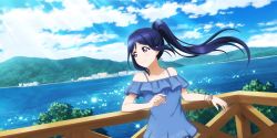 Rule 34 | 1girl, artist name, artist request, bare shoulders, blue dress, blue hair, blue sky, blush, bracelet, breasts, cleavage, cloud, collarbone, day, dress, female focus, floating hair, hair between eyes, hair ornament, high ponytail, highres, jewelry, long hair, looking at viewer, love live!, love live! school idol festival, love live! sunshine!!, matsuura kanan, mountain, ocean, outdoors, parted lips, ponytail, purple eyes, sky, small breasts, smile, solo, sparkle, upper body, wavy hair