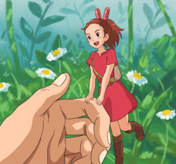 Rule 34 | 10s, 1girl, :d, anime coloring, arplants, arrietty, bad id, bad pixiv id, blush, boots, brown eyes, brown hair, daisy, flower, karigurashi no arrietty, mini person, minigirl, open mouth, ponytail, size difference, smile, solo focus, standing, standing on one leg
