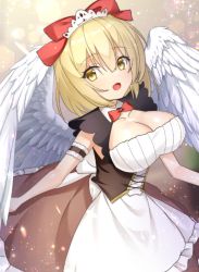 Rule 34 | 1girl, angel wings, apron, armband, black skirt, blonde hair, bow, bowtie, breasts, cleavage, cleavage cutout, clothing cutout, collared dress, commentary request, dress, eyelashes, feathered wings, frilled apron, frilled skirt, frills, gengetsu (touhou), hair bow, large breasts, maid headdress, open mouth, red bow, red bowtie, sea scorpion (umisasori), short hair, short sleeves, skirt, touhou, touhou (pc-98), waist apron, white apron, white wings, wings, yellow eyes