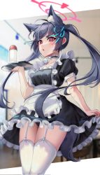 Rule 34 | 1girl, animal ear fluff, animal ears, apron, black hair, blue archive, blush, breasts, cat ears, dress, frills, garter straps, hair ribbon, halo, highres, long hair, looking at viewer, maid, maid apron, open mouth, panties, panty peek, puffy sleeves, red eyes, ribbon, serika (blue archive), short sleeves, skirt, solo, thighhighs, twintails, underwear, v burger103, zettai ryouiki