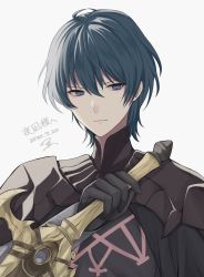 Rule 34 | 1boy, armor, black gloves, blue eyes, blue hair, byleth (fire emblem), byleth (male) (fire emblem), cape, closed mouth, fire emblem, fire emblem: three houses, gloves, heroes relic (fire emblem), highres, holding, holding sword, holding weapon, medium hair, nintendo, shimizu akina, simple background, solo, sword, sword of the creator, upper body, weapon, white background