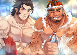 Rule 34 | 2boys, ^ ^, abs, absurdres, bara, blue hair, blush, closed eyes, completely nude, daikoku (housamo), dark blue hair, facial hair, forked eyebrows, goatee, hachimaki, headband, highres, incoming gift, jewelry, kageru (mofnyan), knee up, large pectorals, long sideburns, looking at viewer, male focus, mature male, multicolored hair, multiple boys, muscular, muscular male, mustache, necklace, nipples, nude, orange eyes, out-of-frame censoring, pectorals, red hair, sarutahiko (housamo), shell, shell necklace, short hair, sideburns, smoke, steam, stomach, thick eyebrows, tokyo houkago summoners, two-tone hair, upper body, veins