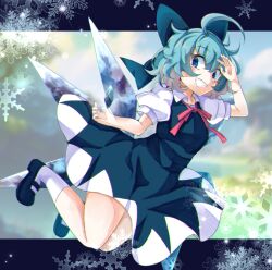 Rule 34 | 1girl, ahoge, black footwear, blue dress, blue eyes, blue hair, blurry, blurry background, cirno, commentary, detached wings, dress, full body, ice, ice wings, jyaoh0731, looking at viewer, outdoors, short hair, short sleeves, smile, snowflakes, socks, solo, touhou, white socks, wings