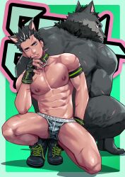 Rule 34 | 2boys, animal ears, back, bara, black footwear, black gloves, black hair, border, bulge, camouflage male underwear, closed mouth, collar, facing viewer, fingerless gloves, full body, furry, furry male, gloves, green background, green border, highres, looking at viewer, male focus, maorenc, multicolored hair, multiple boys, muscular, muscular male, navel, nipples, original, squatting, streaked hair, underwear, underwear only, wolf, wolf ears