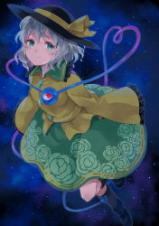 Rule 34 | 1girl, 631, absurdres, boots, buttons, diamond button, floral print, frilled shirt collar, frilled sleeves, frills, green eyes, grey hair, hat, hat ribbon, heart, heart of string, highres, komeiji koishi, ribbon, short hair, skirt, sky, sleeves past fingers, sleeves past wrists, smile, solo, standing, standing on one leg, star (sky), starry sky, third eye, touhou