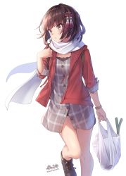 Rule 34 | 1girl, bag, bare legs, brown eyes, brown hair, buttons, closed mouth, drawstring, grey shirt, hair ornament, highres, holding, hood, hood down, hooded jacket, jacket, kantai collection, looking away, morigami (morigami no yashiro), open clothes, open jacket, partially unbuttoned, plaid, red jacket, scarf, sendai (kancolle), sendai kai ni (kancolle), shirt, shoes, shopping bag, short hair, simple background, sneakers, solo, spring onion, thighs, twitter username, v-shaped eyebrows, watch, white background, white scarf, wristwatch