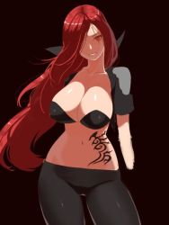 Rule 34 | 1girl, black background, breasts, cleavage, collarbone, hair over one eye, huge breasts, katarina (league of legends), league of legends, long hair, mx2j, navel, original, pants, red eyes, red hair, solo, tattoo, tight clothes, tight pants