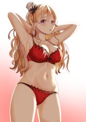Rule 34 | 1girl, armpits, arms up, blonde hair, bra, braid, breasts, gradient background, hat, highres, kantai collection, large breasts, long hair, mini hat, navel, panties, purple eyes, red background, red bra, red panties, side braid, solo, underwear, underwear only, wavy hair, white background, zara (kancolle), zara due (kancolle), zuki