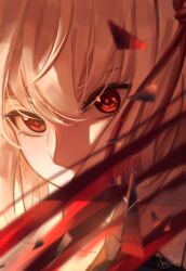 Rule 34 | 1girl, absurdres, blonde hair, chxoswolf, commentary, english commentary, film grain, hair between eyes, highres, looking at viewer, lycoris recoil, nishikigi chisato, red eyes, short hair, signature, solo