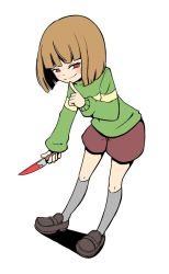 Rule 34 | 1other, blood, bloody weapon, blunt bangs, blush stickers, bob cut, brown footwear, brown hair, brown shorts, chara (undertale), finger to mouth, green sweater, index finger raised, kneehighs, knife, looking at viewer, megasawara, red eyes, shoes, shorts, smile, socks, sweater, undertale, weapon