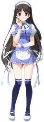 Rule 34 | 1girl, apron, asou mitsuki, berry&#039;s, black hair, blue hair, blue thighhighs, blush, brown eyes, full body, game cg, hat, highres, looking at viewer, maid apron, mary janes, shoes, solo, standing, thighhighs, transparent background, waitress, wrist cuffs