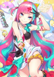 Rule 34 | 1girl, bare shoulders, black gloves, blue hair, blush, bow, bowtie, bra, breasts, double v, dress, gloves, hair ornament, half gloves, hand up, highres, leg up, long hair, looking at viewer, multicolored hair, outstretched arm, overlay (0verray), pink hair, pinky pop hepburn, sidelocks, small breasts, smile, solo, sports bra, the moon studio, two-tone hair, two side up, underwear, v, very long hair, virtual youtuber, white dress