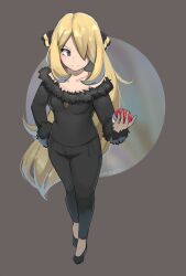 Rule 34 | 1girl, adapted costume, artist name, black footwear, black pants, black shirt, blonde hair, breasts, brown background, closed mouth, collarbone, commentary, creatures (company), cynthia (pokemon), eyelashes, full body, game freak, grey eyes, hair ornament, hair over one eye, highres, holding, holding poke ball, kaphrin, medium breasts, nintendo, off-shoulder shirt, off shoulder, pants, poke ball, poke ball (basic), pokemon, pokemon dppt, shirt, shoes, smile, solo, split mouth, standing, wavy hair
