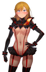 Rule 34 | 1girl, a1 (initial-g), black skirt, black thighhighs, blush, breasts, brown hair, clenched hand, closed mouth, commentary request, cosplay, female pubic hair, hand on own hip, kill la kill, love live!, love live! superstar!!, matoi ryuuko, matoi ryuuko (cosplay), medium breasts, navel, pubic hair, purple eyes, senketsu, shibuya kanon, short hair, simple background, skirt, solo, standing, sweatdrop, thighhighs, underboob, white background
