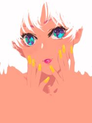 Rule 34 | 1girl, blue eyes, commentary request, fingernails, hands on own face, hands up, highres, lips, lipstick, looking at viewer, makeup, nail polish, original, pink lips, rushi (mousang), simple background, solo, white background, white hair, yellow nails