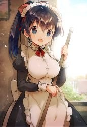 Rule 34 | 1girl, :d, apron, black dress, black hair, blue eyes, blush, bow, breasts, collared dress, commentary request, day, dress, hair between eyes, hair bow, high ponytail, ichihaya, indoors, juliet sleeves, long hair, long sleeves, looking at viewer, maid, maid apron, maid headdress, medium breasts, open mouth, original, ponytail, puffy sleeves, red bow, sidelocks, smile, solo, sunlight, white apron, white bow, window