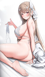 1girl absurdres arm_support ass bare_arms barefoot blush bottomless bra breasts clenched_teeth commentary_request cropped_legs doenji_(auto7233) feet from_behind goddess_of_victory:_nikke gradient_background hair_ornament highres holding holding_clothes holding_panties holding_underwear horns large_breasts light_brown_hair long_hair looking_at_viewer looking_back mole mole_under_eye official_alternate_costume panties red_eyes simple_background sitting smile solo teeth thighs toes underwear unworn_panties viper_(nikke) viper_(shine_of_love)_(nikke) white_background white_bra white_horns