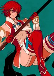 Rule 34 | 1girl, fire emblem, fire emblem fates, garter straps, hinoka (fire emblem), holding, holding weapon, ichiyou (kazuha1003), lance, looking at viewer, nintendo, polearm, red eyes, red hair, simple background, solo, solo focus, thighhighs, thighs, weapon, zettai ryouiki