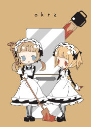 Rule 34 | 2girls, :d, :o, apron, black bow, black dress, black footwear, black legwear, blonde hair, blood, blood on hands, bloody weapon, blue eyes, blue ribbon, blunt bangs, blush stickers, bow, broom, chainsaw, dress, eye contact, facing viewer, frilled apron, frills, from side, full body, hairband, hand on own chest, hand up, hands up, holding, holding broom, juliet sleeves, light brown hair, lolita hairband, long hair, long sleeves, looking at another, looking to the side, low twintails, maid, maid apron, multiple girls, neck ribbon, no nose, no pupils, open mouth, original, pantyhose, parted lips, puffy sleeves, red eyes, refrigerator, ribbon, ribbon-trimmed hairband, ribbon trim, shoes, short hair, short twintails, simple background, sleeve cuffs, smile, standing, straight-on, tan background, tareme, twintails, weapon, white apron, white hairband, wrist extended, yandere, yukihi