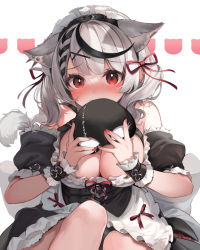 Rule 34 | 1girl, animal ear fluff, animal ears, apron, black dress, black hair, blush, braid, breasts, cat ears, cleavage, corset, covering own mouth, dokkumaa, dress, ear piercing, frilled apron, frills, grey hair, hair ornament, highres, holding, holding mask, hololive, knees up, large breasts, looking at viewer, maid headdress, mask, medium hair, multicolored hair, nail polish, piercing, red eyes, red nails, sakamata chloe, simple background, solo, streaked hair, unworn mask, virtual youtuber, white apron, white background, x hair ornament
