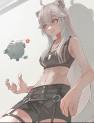 Rule 34 | 1girl, absurdres, against wall, ahoge, animal ear piercing, animal ears, bare arms, bare shoulders, black shorts, black sports bra, breasts, commentary request, dog tags, grey eyes, grey hair, grin, hair between eyes, hair flaps, highres, hololive, lion ears, long hair, mato (target5260), medium breasts, midriff, navel, official alternate costume, official alternate hairstyle, shishiro botan, shishiro botan (button-down), short shorts, shorts, sideways glance, smile, solo, sports bra, ssrb (shishiro botan), straight hair, thigh strap, toned, very long hair, virtual youtuber