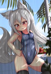 Rule 34 | 1girl, adjusting clothes, adjusting swimsuit, animal ear fluff, animal ears, black thighhighs, blue one-piece swimsuit, competition swimsuit, cowboy shot, grey one-piece swimsuit, hotel01, long hair, looking down, one-piece swimsuit, original, showering, solo, swimsuit, tail, thighhighs, thighs, wet, wolf ears, wolf tail