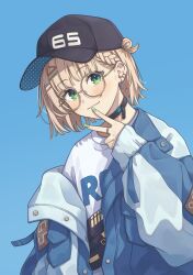 Rule 34 | 1girl, absurdres, baseball cap, black choker, blonde hair, blue background, blue jacket, blush, bob cut, braid, brown-framed eyewear, buttons, choker, closed mouth, clothes writing, commentary, earclip, ene mizunoawa, fanny pack, fingernails, glasses, green eyes, hair ornament, hairclip, hat, headwear writing, highres, jacket, jewelry, kaburaki roco, long sleeves, looking at viewer, multicolored clothes, multicolored jacket, nijisanji, pocket, ring, round eyewear, shirt, short hair, side braid, simple background, solo, t-shirt, teardrop-framed glasses, triangle hair ornament, two-tone jacket, upper body, v, virtual youtuber, white jacket, white shirt