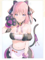 Rule 34 | 1girl, 6u (eternal land), :q, absurdres, alternate costume, animal ears, animal hands, apron, bandeau, bare shoulders, bell, black skirt, blue eyes, breasts, cat ears, cat girl, cat tail, cleavage, closed mouth, collarbone, crop top, detached collar, detached sleeves, enmaided, gloves, go-toubun no hanayome, hair ornament, hand up, highres, jingle bell, large breasts, looking at viewer, maid, maid apron, midriff, miniskirt, nakano nino, navel, neck ribbon, paw gloves, pink hair, puffy short sleeves, puffy sleeves, purple ribbon, ribbon, scan, short hair, short sleeves, simple background, skirt, smile, solo, stomach, strapless, tail, tail ornament, tail raised, tail ribbon, tongue, tongue out, tube top, twitter username, two side up, upper body, waist apron, white background