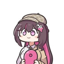 Rule 34 | 1girl, azki (4th costume) (hololive), azki (hololive), blush stickers, brown hair, brown jacket, chibi, chibi only, closed mouth, collared dress, colored inner hair, commentary, deerstalker, double-parted bangs, dress, hair ornament, hairclip, hat, hololive, jacket, long hair, long sleeves, looking ahead, map pin, multicolored hair, official alternate costume, official alternate hairstyle, pink hair, simple background, solo, streaked hair, underdatv, very long hair, virtual youtuber, white background, white dress, white hair