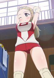 Rule 34 | 10s, 1girl, armpits, arms up, bad id, bad pixiv id, blonde hair, blush, buruma, crotch, elbow pads, from below, girls und panzer, gym shorts, gym uniform, hair ornament, hairband, indoors, knee pads, long hair, norayinu, one eye closed, ponytail, sasaki akebi, shorts, smile, solo, sportswear, standing, stretching, thighs, volleyball uniform, window, wink