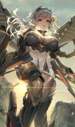 Rule 34 | 1girl, bandaged head, bandages, breasts, covered navel, day, from below, goddess of victory: nikke, grey hair, highres, large breasts, long hair, looking at viewer, mecha musume, mechanical wings, modernia (nikke), open mouth, outdoors, red eyes, ruhee, smile, solo, tail, wings