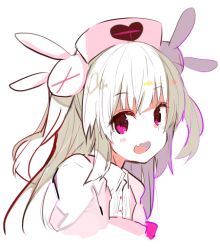 Rule 34 | 1girl, apron, blush, fang, hair ornament, hat, heart, light brown hair, long hair, looking at viewer, nanateru, natori sana, nurse cap, open mouth, pink apron, pink hat, puffy short sleeves, puffy sleeves, rabbit hair ornament, red eyes, sana channel, short sleeves, simple background, smile, solo, two side up, upper body, virtual youtuber, white background