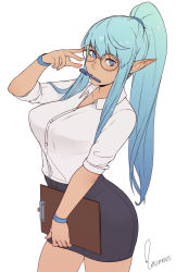 Rule 34 | 1girl, aqua hair, black skirt, blue eyes, borrowed character, bracelet, breasts, cleavage, clipboard, commentary, dark-skinned female, dark elf, dark skin, elf, english commentary, glasses, hair ornament, hair scrunchie, high-waist skirt, jewelry, large breasts, long hair, looking at viewer, mary (raichiyo), miniskirt, mouth hold, nose, office lady, original, pen, pencil skirt, pointy ears, ponytail, round eyewear, scrunchie, shirt, shirt tucked in, sidelocks, signature, skirt, sleeves pushed up, solo, unsomnus, white background