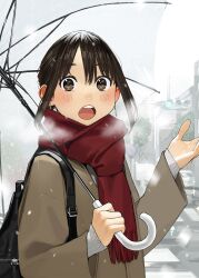 Rule 34 | 1girl, bag, blush, brown coat, brown eyes, brown hair, coat, commentary, douki-chan (douki-chan), earrings, ganbare douki-chan, highres, holding, holding umbrella, jewelry, long hair, long sleeves, looking at viewer, open mouth, outdoors, red scarf, scarf, short hair, snow, solo, sweater, teeth, umbrella, upper teeth only, white sweater, yomu (sgt epper)