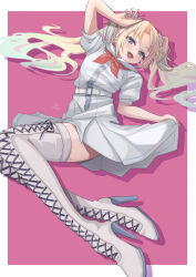 Rule 34 | 1girl, absurdres, blonde hair, blue eyes, blush, boots, border, clothes lift, colored tips, commentary request, cross-laced footwear, dress, dress lift, fang, full body, gradient hair, hair ornament, hand on own head, hasu no sora school uniform, high heel boots, high heels, highres, knee boots, lace-up boots, lifted by self, link! like! love live!, long bangs, long hair, looking at viewer, love live!, lying, multicolored hair, neckerchief, on back, open mouth, osawa rurino, pink background, pleated dress, pukonuu, red neckerchief, sailor collar, sailor dress, school uniform, serafuku, signature, simple background, smile, solo, twintails, virtual youtuber, white border, white dress, white sailor collar