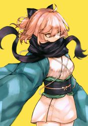 Rule 34 | 1girl, ahoge, black bow, black scarf, blonde hair, bow, breasts, covered mouth, cowboy shot, fate/grand order, fate (series), hair bow, half updo, haori, highres, japanese clothes, kimono, koha-ace, leatzche, long sleeves, looking at viewer, medium breasts, obi, okita souji (fate), okita souji (koha-ace), sash, scarf, scarf over mouth, short hair, short kimono, solo, white kimono, yellow background, yellow eyes