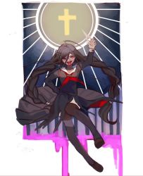 Rule 34 | 1girl, ahoge, black hair, black thighhighs, blood, braid, cross, danganronpa: trigger happy havoc, danganronpa (series), fukawa toko, genocider shou, glasses, hair between eyes, hair ornament, hairpin, highres, holding, holding scissors, holding weapon, jaegermeister, loafers, long hair, long sleeves, long tongue, neckerchief, open mouth, pink blood, red eyes, red neckerchief, school uniform, scissors, serafuku, shi chimi, shoes, skirt, smile, solo, thighhighs, tongue, tongue out, torn clothes, twin braids, very long hair, weapon