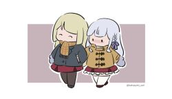 Rule 34 | 2girls, ^ ^, arm at side, assault lily, black jacket, blonde hair, blunt bangs, blush, borrowed clothes, braid, brown background, brown footwear, brown jacket, brown pantyhose, chibi, closed eyes, frilled skirt, frills, grey hair, hair ribbon, hand in another&#039;s pocket, hand in pocket, highres, holding hands, hood, hood down, hooded jacket, jacket, kabayaki (kabayaki eel), kanba girls high school uniform, kon kanaho, long sleeves, looking at another, looking to the side, miniskirt, mittens, miyagawa takane, multiple girls, no mouth, nose blush, pantyhose, pocket, purple ribbon, red skirt, ribbon, school uniform, shared pocket, shoes, side-by-side, side braid, sidelocks, single mitten, skirt, solid oval eyes, thighhighs, twitter username, two-tone background, walking, white background, white thighhighs, winter clothes, yuri, zettai ryouiki