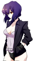 Rule 34 | 1girl, belt, black gloves, black jacket, bob cut, breasts, cleavage, closed mouth, from side, ghost in the shell, ghost in the shell stand alone complex, gloves, hair between eyes, hands in pockets, head tilt, highleg, highleg leotard, jacket, kusanagi motoko, leotard, light smile, looking at viewer, medium breasts, musco, open clothes, open jacket, purple hair, red eyes, short hair, sketch, smile, solo, standing, thighhighs