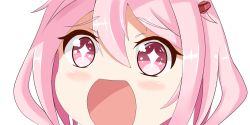 Rule 34 | + +, 1girl, :d, blush, chibi, chibi only, commentary request, excited, guilty crown, hair ornament, hairclip, head only, highres, long hair, open mouth, pink hair, red eyes, simple background, smile, solo, sparkling eyes, white background, yuan long, yuzuriha inori