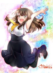 Rule 34 | 10s, 1girl, :d, ahoge, ankle boots, arms up, artist request, black pantyhose, boots, brown hair, full body, gatchaman crowds, high-waist skirt, ichinose hajime, jumping, kerchief, long hair, open mouth, pantyhose, school uniform, short sleeves, skirt, smile, suspenders, tareme