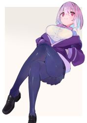 Rule 34 | 1girl, ass, black footwear, blue pantyhose, blush, bow, breasts, cardigan, closed mouth, crossed legs, gridman universe, hajime (hajime-ill-1st), hands in pockets, jacket, large breasts, legs, light purple hair, loafers, long sleeves, off shoulder, open clothes, open jacket, pantyhose, pink eyes, purple bow, purple jacket, purple neckwear, shinjou akane, shirt, shoes, short hair, simple background, smile, solo, ssss.gridman, white background, white cardigan, white shirt