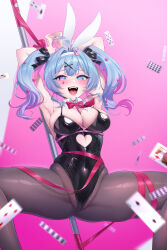 Rule 34 | 1girl, animal ears, armpits, arms up, black leotard, blush, broken handcuffs, clothing cutout, covered navel, cutout above navel, fake animal ears, hair ornament, hatsune miku, heart, heart-shaped pupils, heart cutout, highres, leotard, long hair, looking at viewer, mushi aoi, object in bra, open mouth, pantyhose, pink pupils, playboy bunny, pole, rabbit hole (vocaloid), solo, spread legs, spring rider, stomach cutout, stripper pole, symbol-shaped pupils, teardrop facial mark, thighs, twintails, vocaloid, x hair ornament