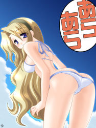 Rule 34 | 1girl, ass, bent over, bikini, blonde hair, blue eyes, blush, butt crack, character request, cloud, day, hairband, long hair, looking at viewer, looking back, outdoors, saano chia, sky, solo, suigetsu, swimsuit