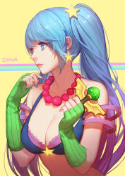 Rule 34 | 1girl, aqua hair, arcade sona, ask (askzy), bare shoulders, beads, bikini, blue bikini, blue eyes, blue hair, breasts, cleavage, earrings, fingerless gloves, fingernails, gloves, gradient hair, green gloves, hair ornament, jewelry, large breasts, league of legends, lips, long hair, looking away, matching hair/eyes, multicolored hair, nail polish, necklace, solo, sona (league of legends), star (symbol), star earrings, striped, swimsuit, twintails, upper body, vertical stripes