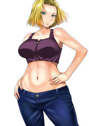 Rule 34 | 1girl, android 18, aqua eyes, arm support, bare shoulders, blonde hair, blue eyes, breasts, crop top, dragon ball, dragonball z, hand on own hip, highres, kokuriu, large breasts, looking at viewer, midriff, navel, short hair, solo